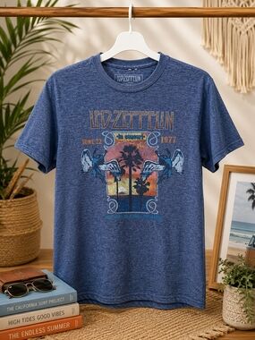 Led Zeppelin 1977 Concert Graphic Band T Shirt Blue Large Rock Tee Vintage Style